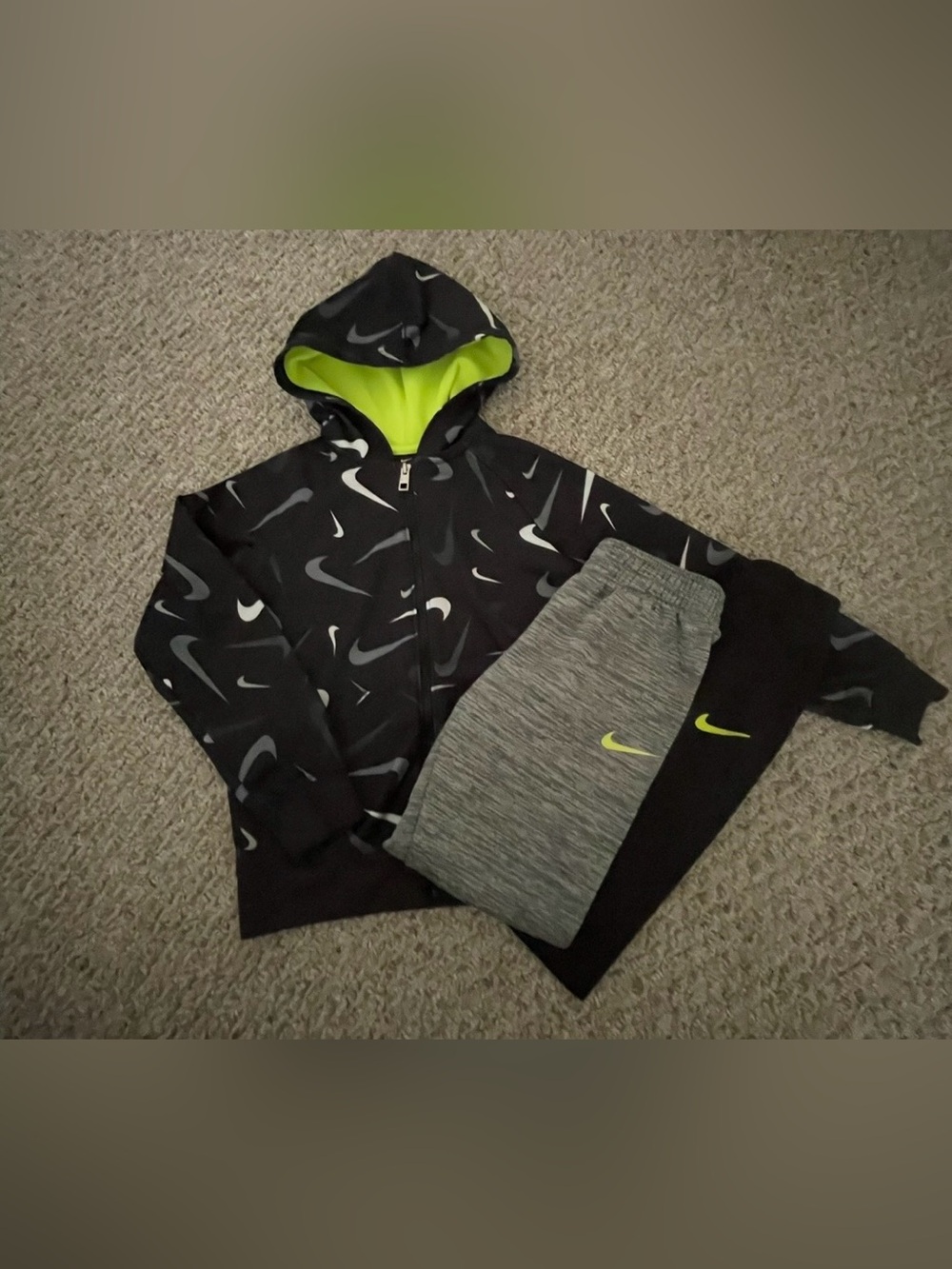 Nike Kids Black & Lime Green Swoosh Hoodie with Gray & Black Joggers - Picture 2 of 16